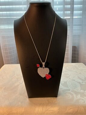 Red Enamel Cupid Arrow Pave’ Rhinestone Heart Silver Tone Pendant Necklace